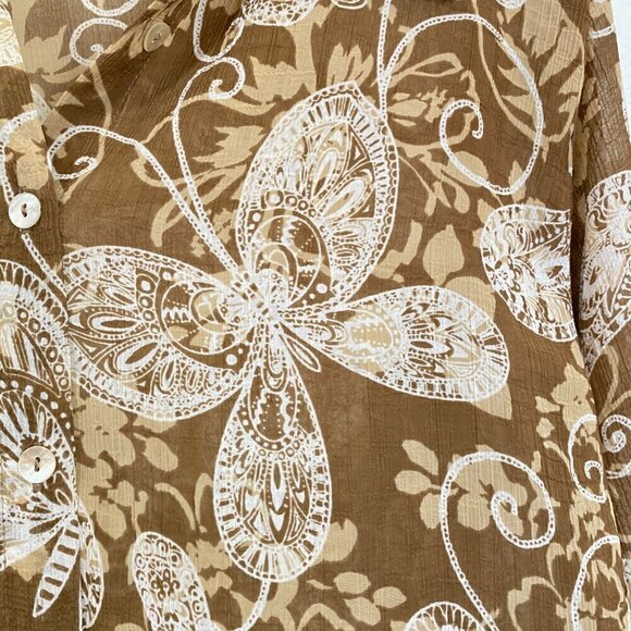 Alfred Dunner Women's Sheer Brown Cream Butterfly Floral Button Front Blouse - Picture 10 of 10
